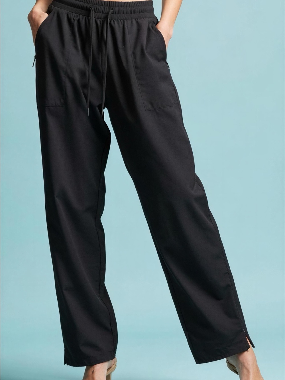 Zac & Rachel Black Wide-Leg Track Pants with Drawstring Waist